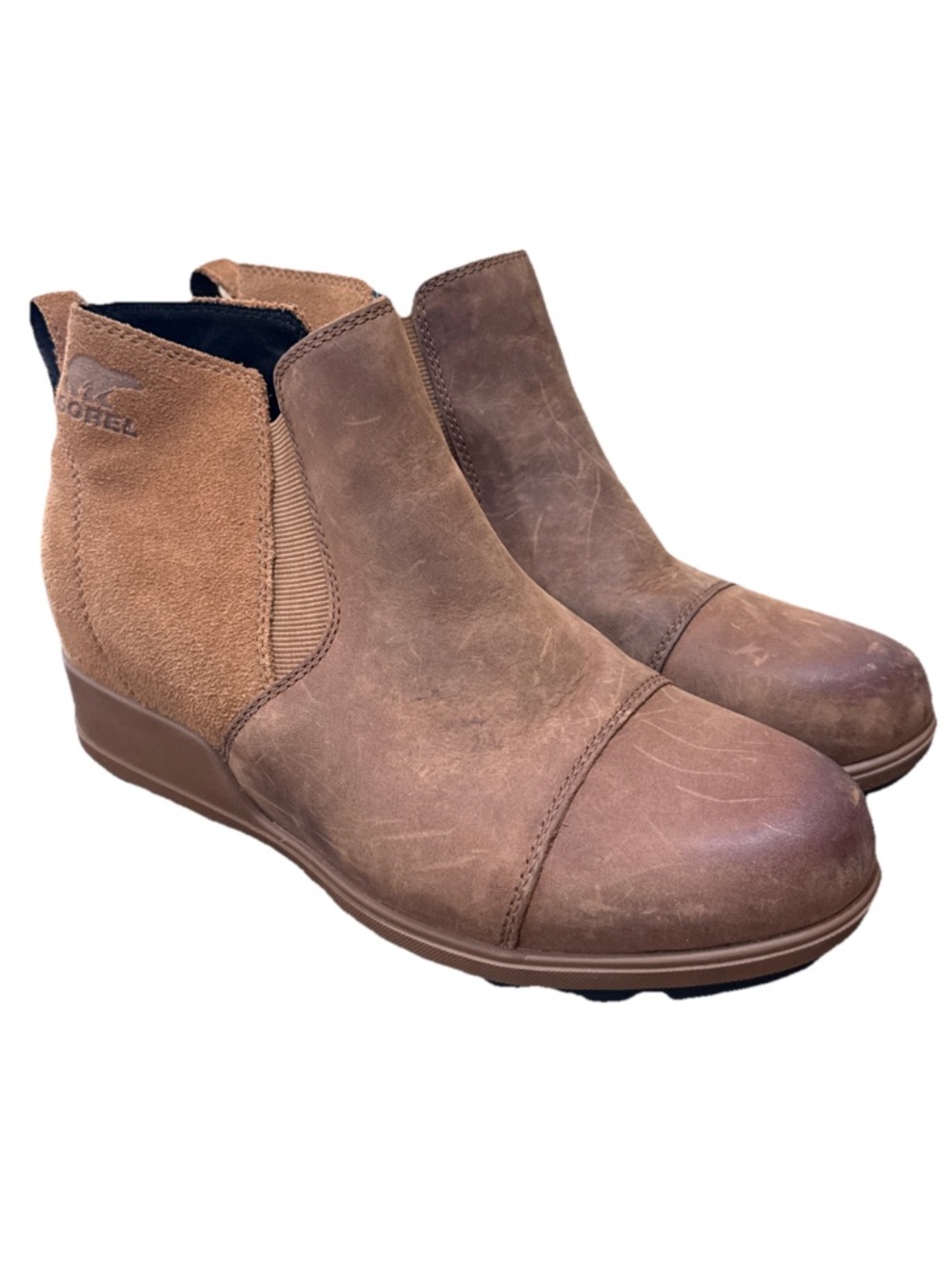 Sorel Evie Pull On Brown Leather Suede Ankle Booties Women’s Size 11 Comfort